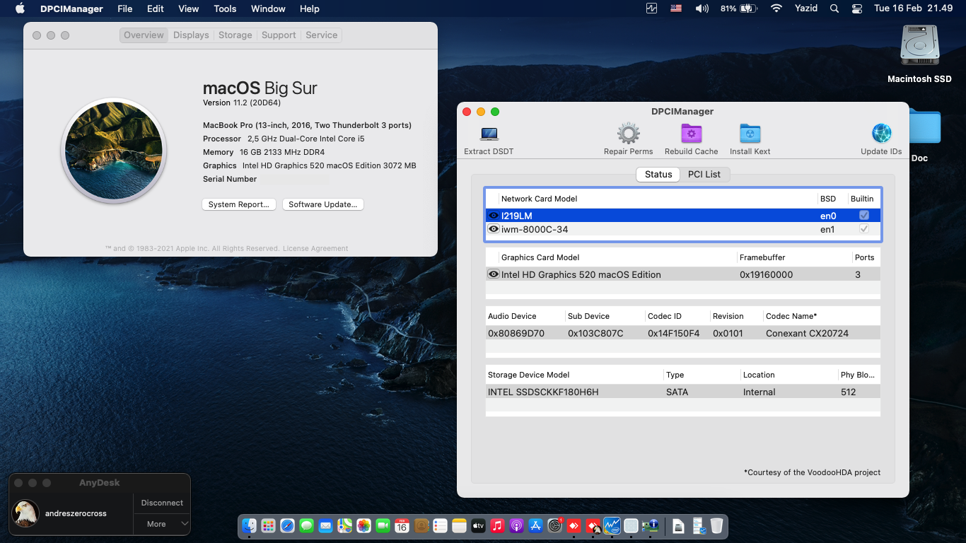 Success Hackintosh macOS Big Sur 11.2 Build 20D64 in HP EliteBook 820 G3